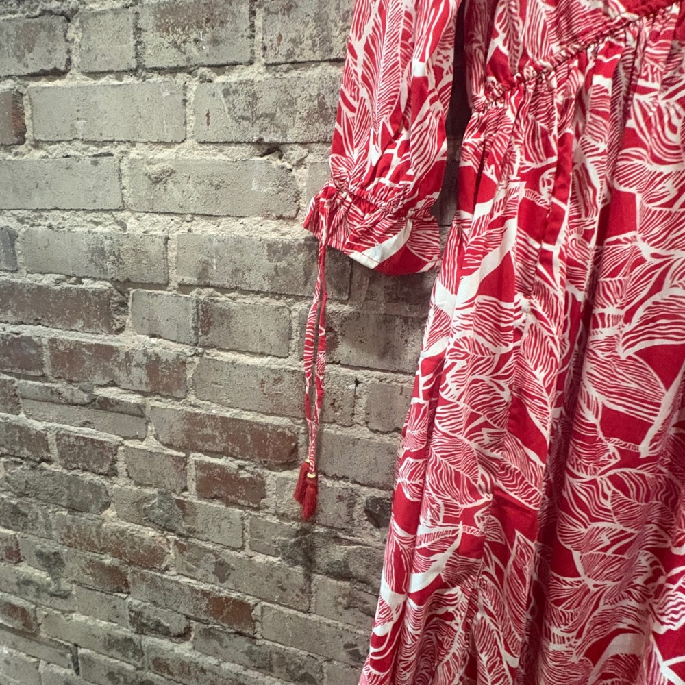 Masala Red White Tropical Leaf Print Maxi Dress V Neck Smocked Dress Size Medium - Picture 3 of 8